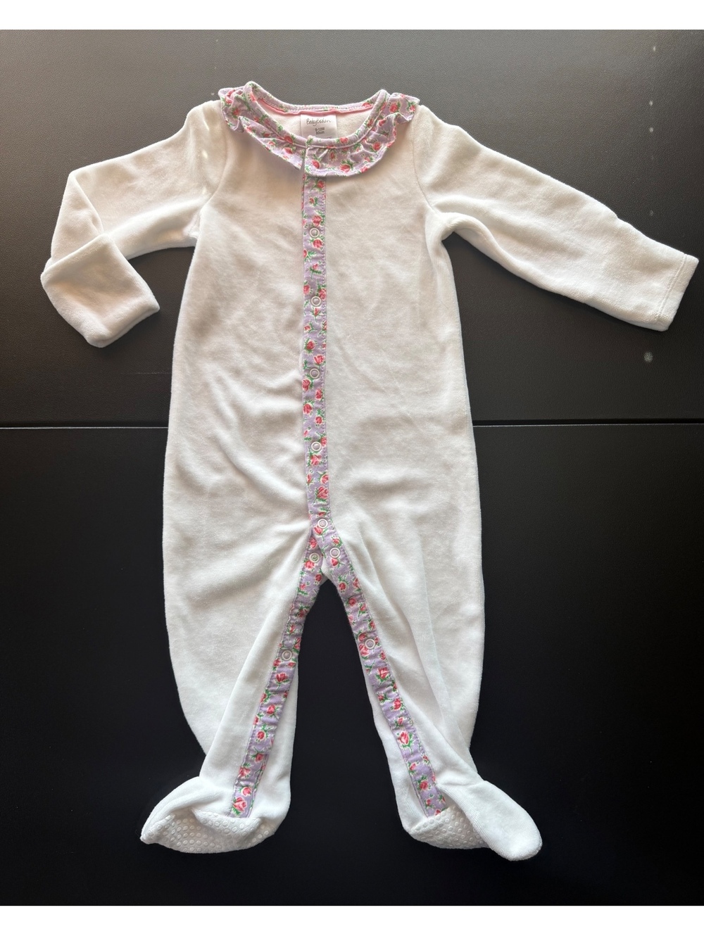 Baby Boden Girls 9-12M White Velour Footed Sleeper Pink Floral Ruffle